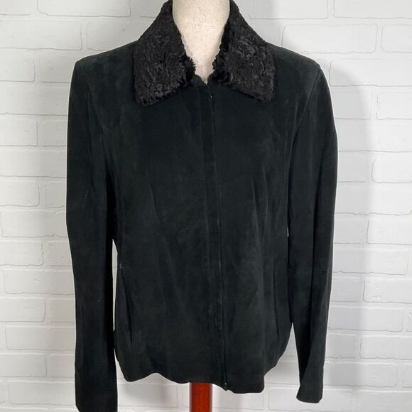 Valerie Stevens Jacket Women L Black Leather‎ Faux Fur Collar Zip Coatigan - Picture 1 of 11